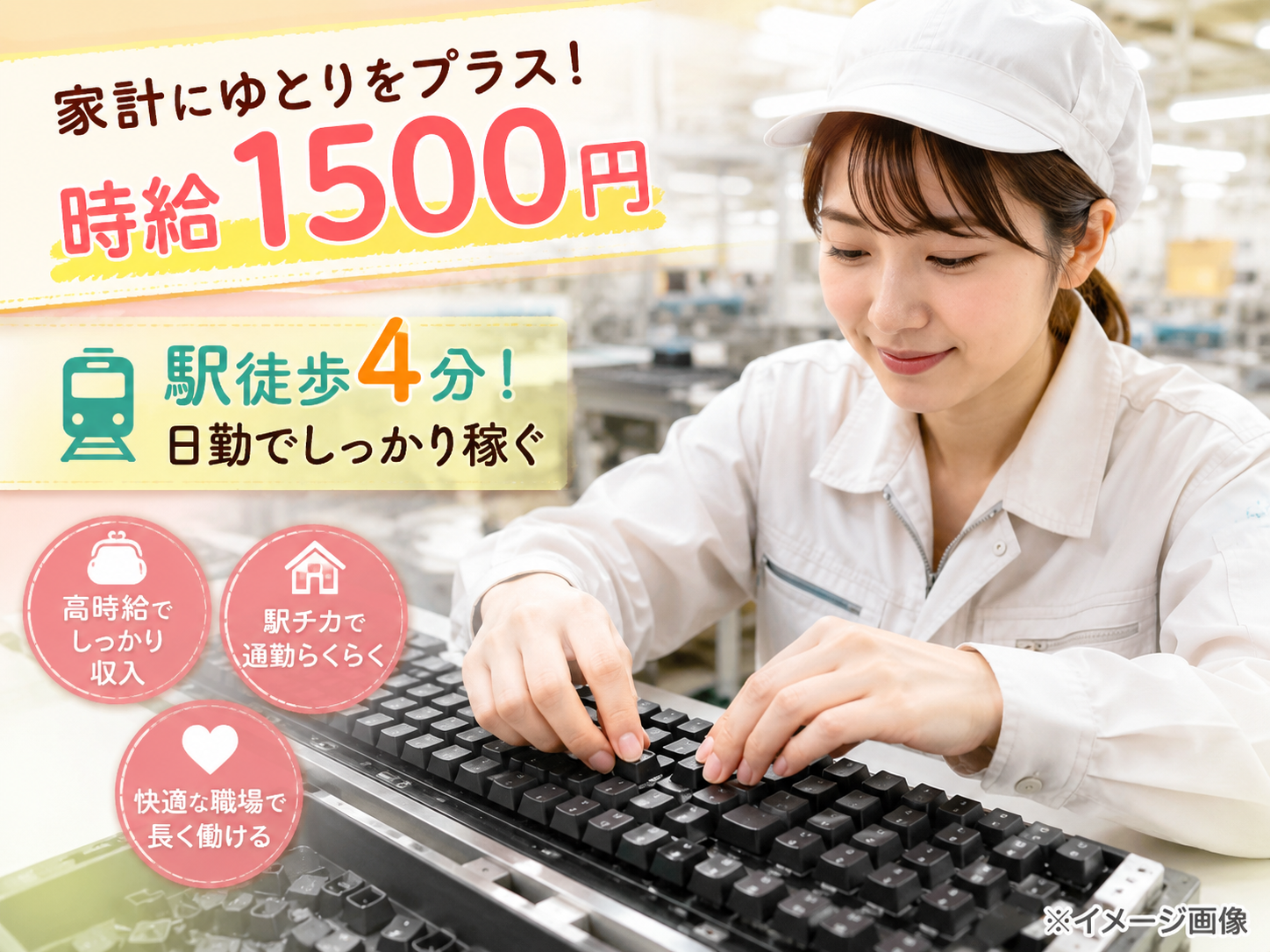 駅徒歩4分×高時給1,500円/日勤のみで安定収入/空調完備の快適職場/未経験からコツコツ稼げるキーボード組立スタッフ【仕事No3357-1】